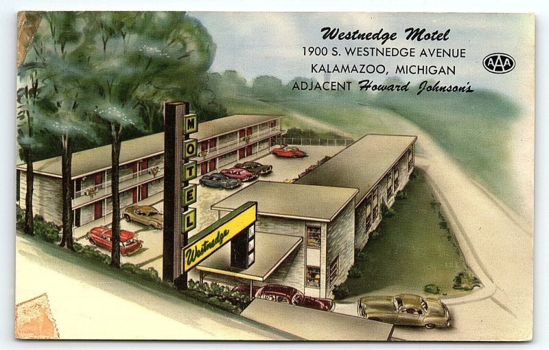 1950s KALAMAZOO MI WESTNEDGE MOTEL ADJACENT HOWARD JOHNSON'S AAA POSTCARD P2893