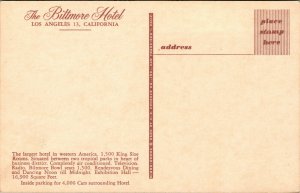 Vtg 1950s The Biltmore Hotel Los Angeles California CA Unused Postcard