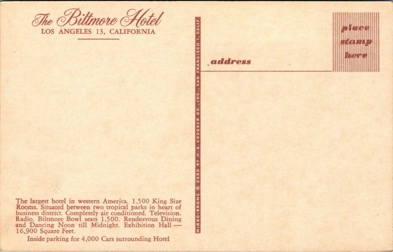 Vtg 1950s The Biltmore Hotel Los Angeles California CA Unused Postcard