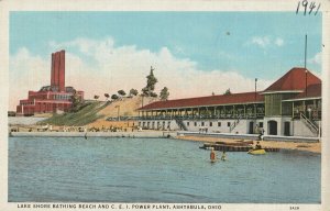 VINTAGE POSTCARD LAKE SHORE BATHING AND C.E.I. POWER PLANT, ASHTABULA, OHIO 1941