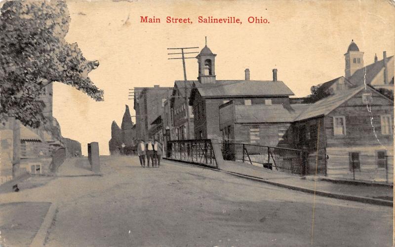 E93/ Salineville Columbiana Co Ohio Postcard c1910 Main Street Church Bridge 15 