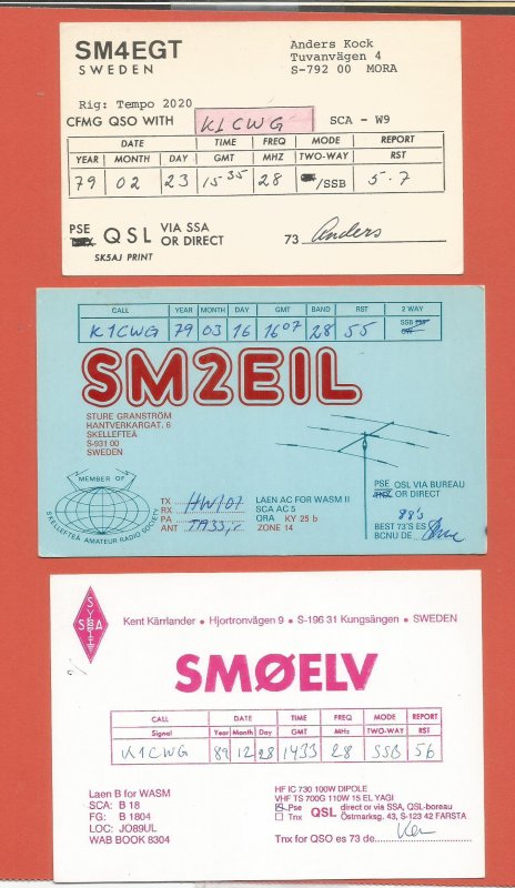 QSL AMATEUR RADIO CARDS – SWEDEN – 3 DIFFERENT CARDS – 1979-1989 (1)