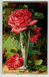 Birthday Flowers Postcard Embossed Pink Red Roses Bud Vase Germany Vintage 1460