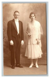 Vintage 1920's RPPC Postcard Studio Portrait Newlyweds Wedding Dress Tuxedo