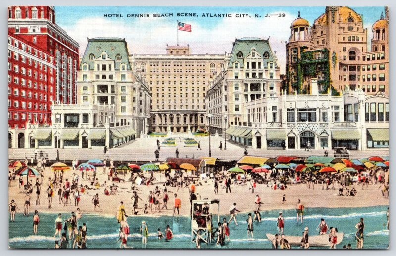 Hotel Dennis Beach Scene Atlantic City New Jersey Resorts & Building Postcard