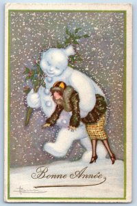 c1910's New Year Bonne Anne Busi Italy Sexy Snowman Snow Winter Scene Postcard