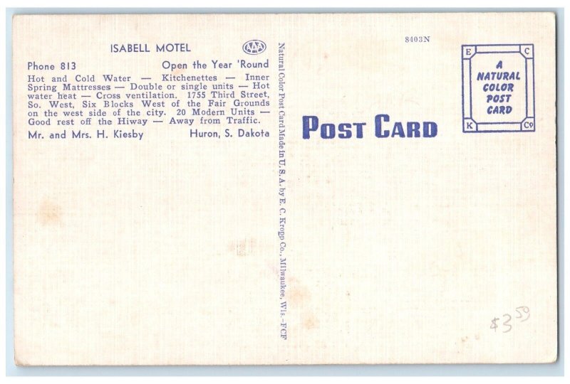 c1940 Isabell Motel Third Street SW Map Exterior Huron South Dakota SD Postcard