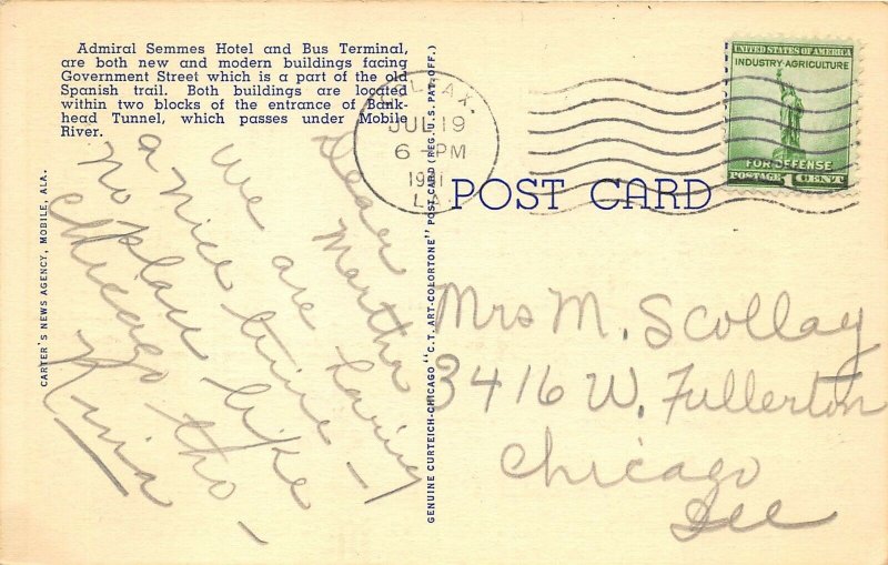 Mobile Alabama 1941 Postcard Government Street Greyhound Bus Station & Hotel