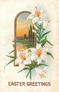 Easter Greetings White Flower Landscape Holiday Wishes Card Vintage Postcard