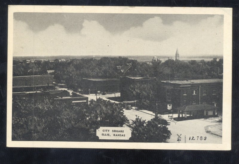 ELLIS KANSAS DOWNTOWN CITY SQUARE STREET BIRDSEYE VIEW VINTAGE POSTCARD