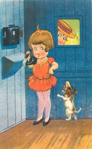 Comic drawn children caricature telephone dog humour postcard Netherlands 1935