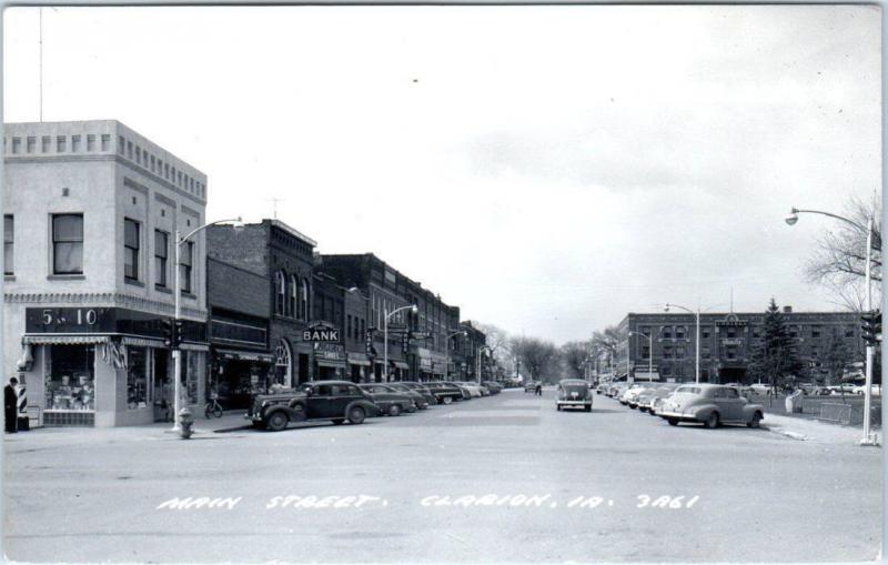 RPPC   CLARION, Iowa  IA    MAIN STREET Scene  ca 1940s  Real Photo    Postcard