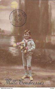 RP; MILLE TENDRESSES Sailor Boy holding Roses & Carnations, PU-1917