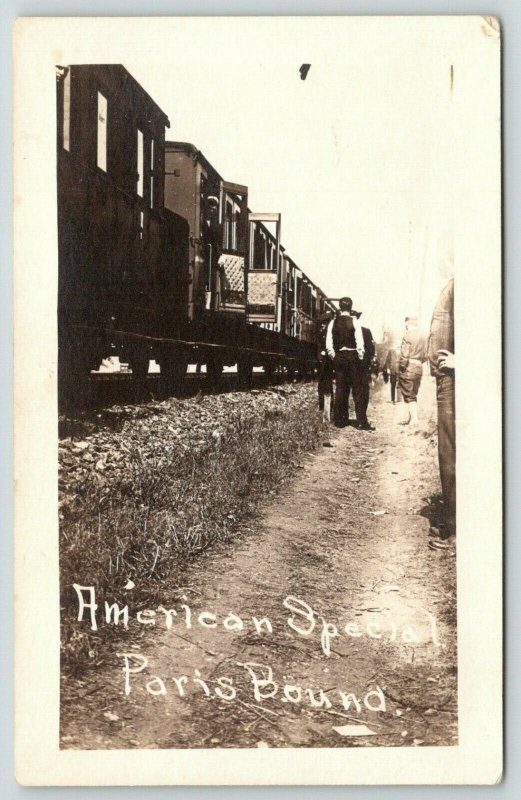 Doors Open~American Special Troop Train~WWI Soldiers Bound For Paris~RPPC 1917 