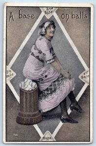 c1910's Woman Sat On Baseball A Base On Balls Embossed Unposted Antique Postcard