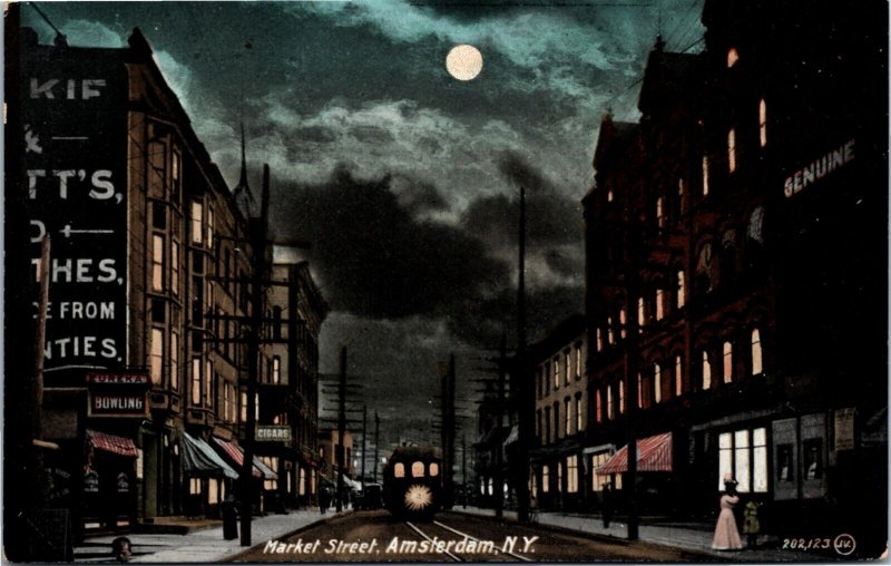 Postcard NY Amsterdam Market Street Night & Street View Full Moon ~1910 B1