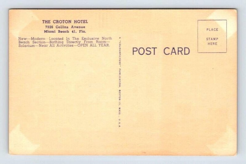 Miami Beach Florida Croton Hotel Postcard