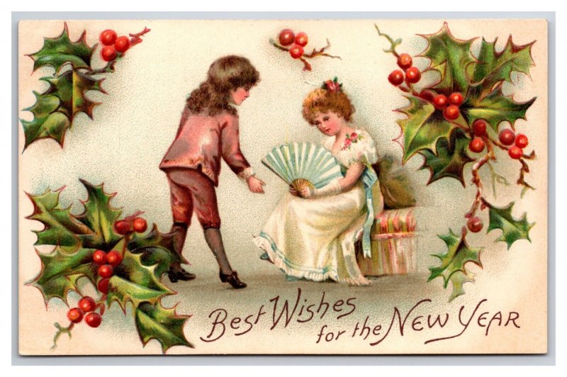 Best Wishes For New Year Holly Courtship Scene Embossed DB Postcard A16