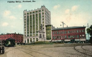 Vintage Postcard Fidelity Building Portland Maine ME Dean Bros. Trolley Statue