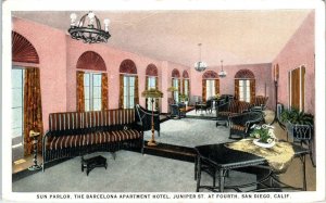 SAN DIEGO, CA  The BARCELONA Apartment HOTEL  Sun Parlor  c1920s   Postcard