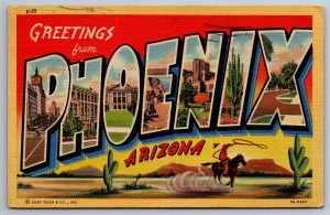 Greetings From Phoenix Large Letter Arizona Linen Postcard L9