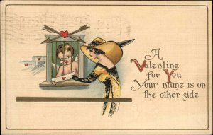 Valentine Cupid Ticket Teller Beautiful Woman Fantasy Fashion c1920 Postcard