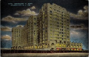 Vtg Atlantic City New Jersey NJ Hotel Ambassador Night View 1930s Linen Postcard