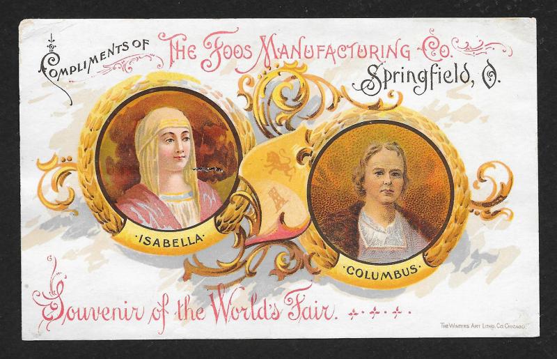 VICTORIAN TRADE CARD Foos Mfg Souvenir Worlds Fair Portraits Columbus & Isabella