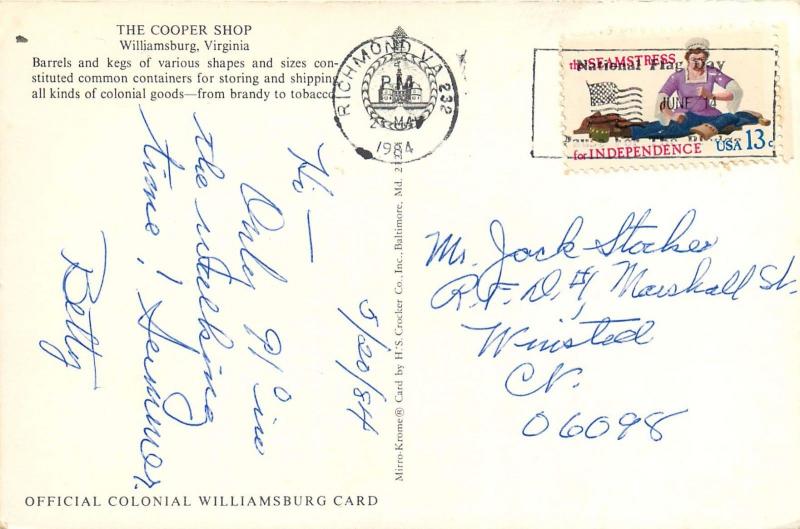 Cooper Shop Williamsburg Virginia Postcard brandy tobacco Barrels Kegs