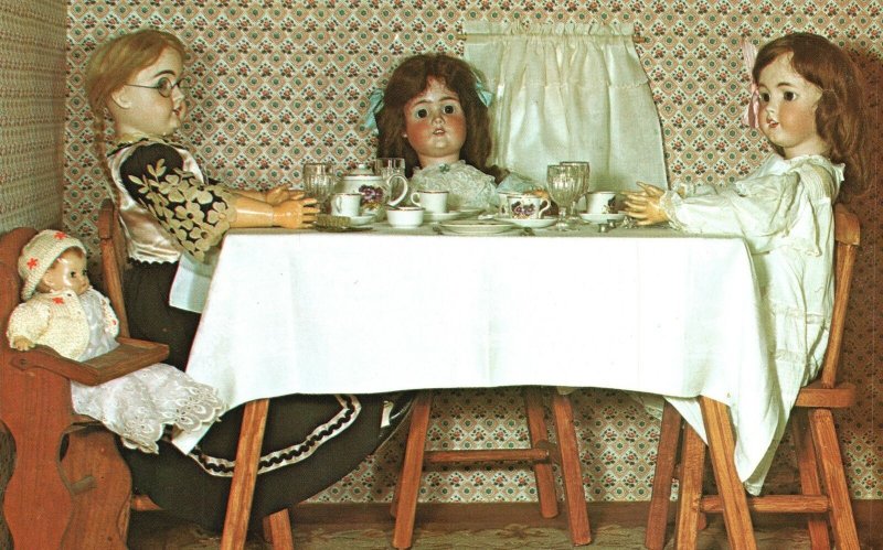 ​Vintage Postcard Scene Of Antique Doll Party Display Museum Embers Gift Shop