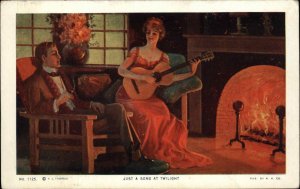 Beautiful Woman Plays Guitar for Man by Firelight Romance Vintage Postcard