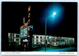 BOZEMAN, Montana MT ~ Roadside LEWIS & CLARK MOTEL Night Neon  4x6 Postcard