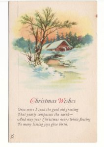 Christmas Wishes, Rhyme, Rural Winter Scene, Vintage 1925 Greetings Postcard