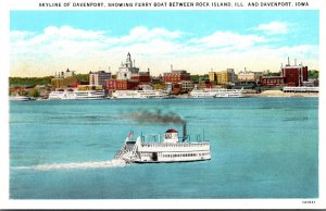 Iowa Davenport Skyline Showing Ferry Boat To Rock Island Curteich