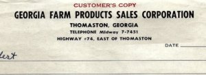 1967 GEORGIA FARM PRODUCTS SALES CORPORATION THOMASTON GEORGIA INVOICE 16-28 