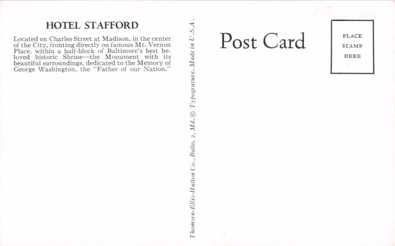 BALTIMORE MD~ELEGANT HOTEL STAFFORD~NOW APARTMENTS FOR STUDENTS POSTCARD