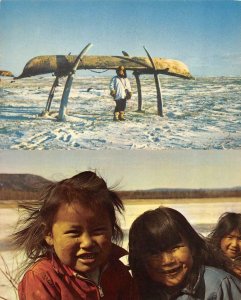 AK, Alaska  SMILING ESKIMO CHILDREN & UMNIAK on WHALEBONE STAND  *Two* Postcards