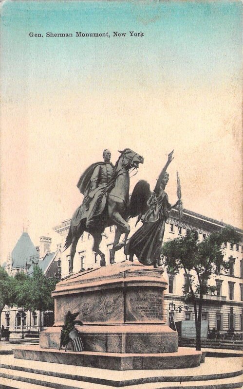 c.'11, Civil War,  Beautiful Color, Gen Sherman Monument, New York, Old Postcard