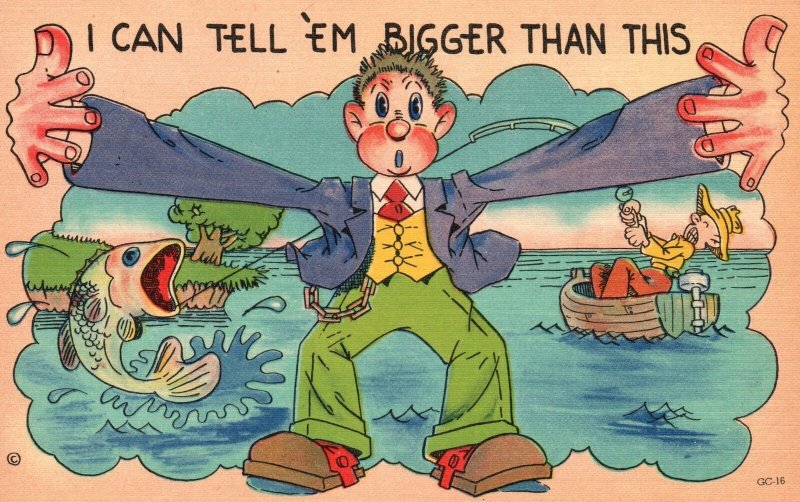 Vintage Postcard I Can Tell I'm Bigger Than This Fishing Giant Fish Catching