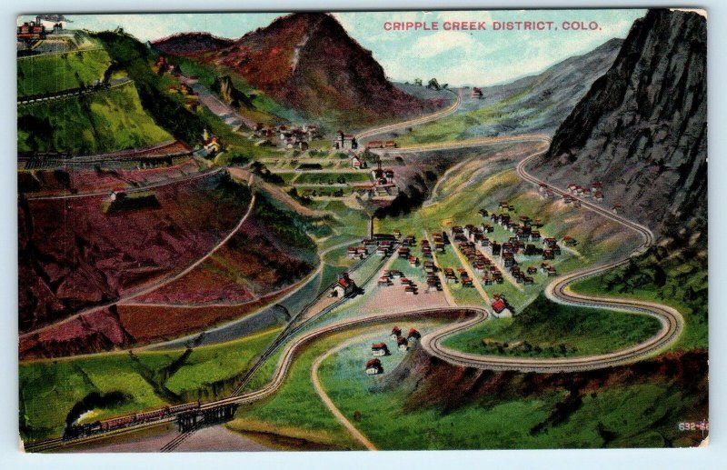 CRIPPLE CREEK, CO ~Birdseye View RAILROAD TRAIN c1910s Mining Town Postcard