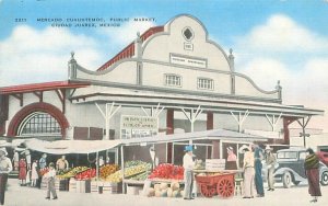 Juarez Mexico Public Market, Produce,  Old Car,  People Linen Postcard Unused