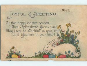 Chipped 1920's Easter BUNNY RABBIT SITS BY THE COLORED EGGS o6054