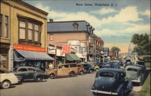 Wakefield Rhode Island RI Main Street Classic 1940s Cars Linen Vintage PC