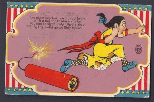 1909 4TH OF JULY COMIC CARD OF GIRL RUNNING AWAY FROM FIRECRACKER, CHICAGL IL