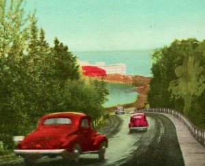 Vtg Postcard Road Going Down to Wharf Murray Bay Cars Quebec Canada Unused UNP