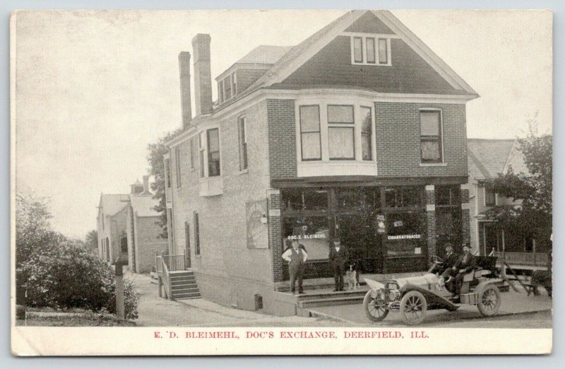 Deerfield IL~ED Bleimehl~Doc's Exchange Store~Himself on Steps~Dog~Auto~1908