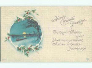 Pre-Linen christmas MOONLIGHT SHINING ON LAKE SCENE k1775