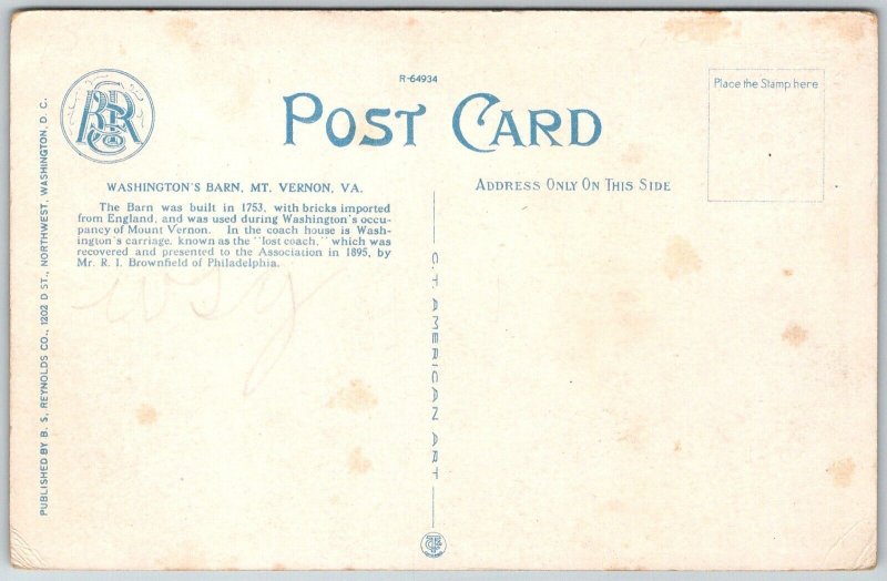 Mount Vernon Virginia 1920s Postcard George Washington's Barn