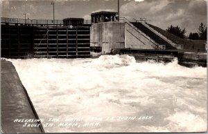 RPPC, Releasig Water from L.C. Sabin Lock, Sault Ste Marie MI c1948 Postcard Q49