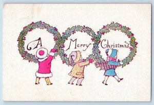 Christmas Postcard Children Wreath Holly Berries Minneapolis MN c1910's Antique